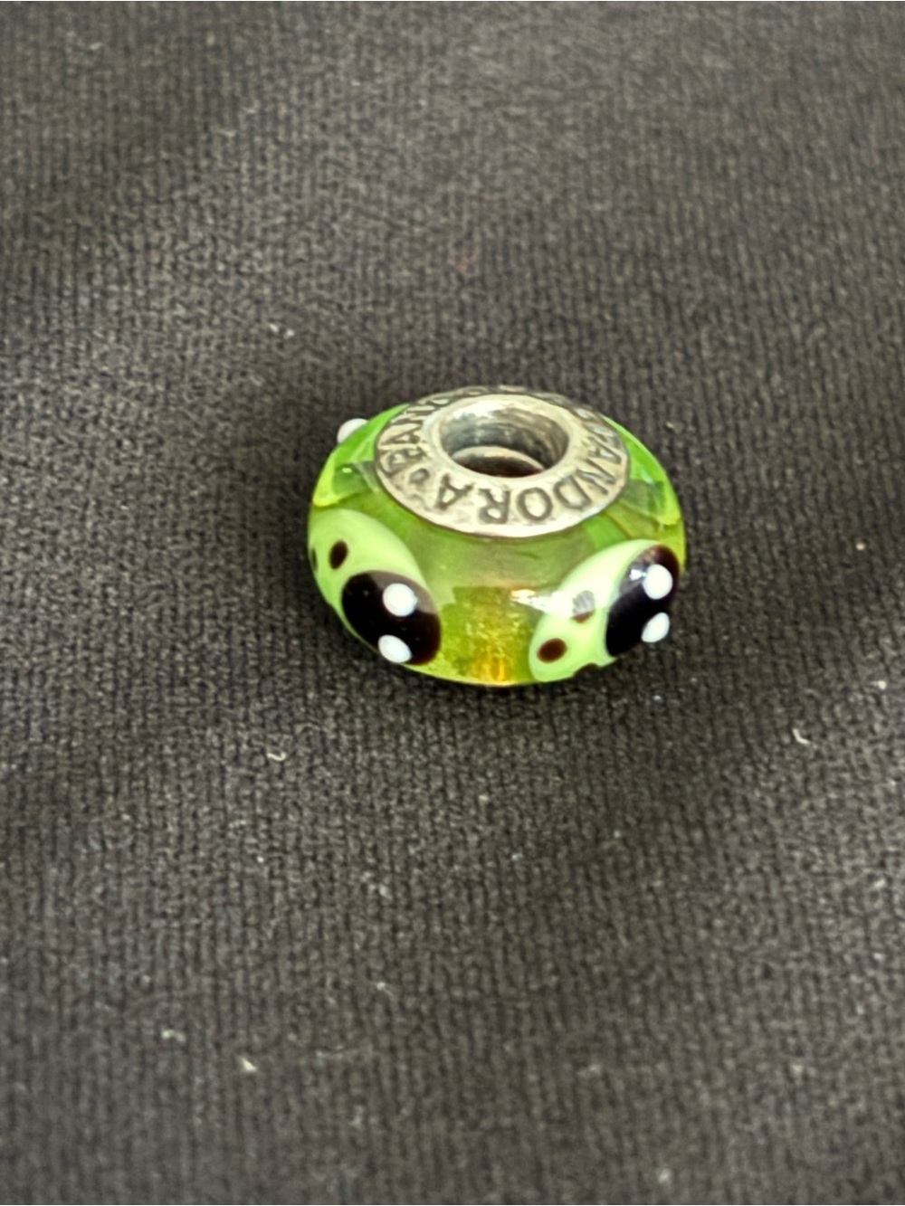 Pandora Green Ladybug Glass Charm Bead with Silver Core/retired